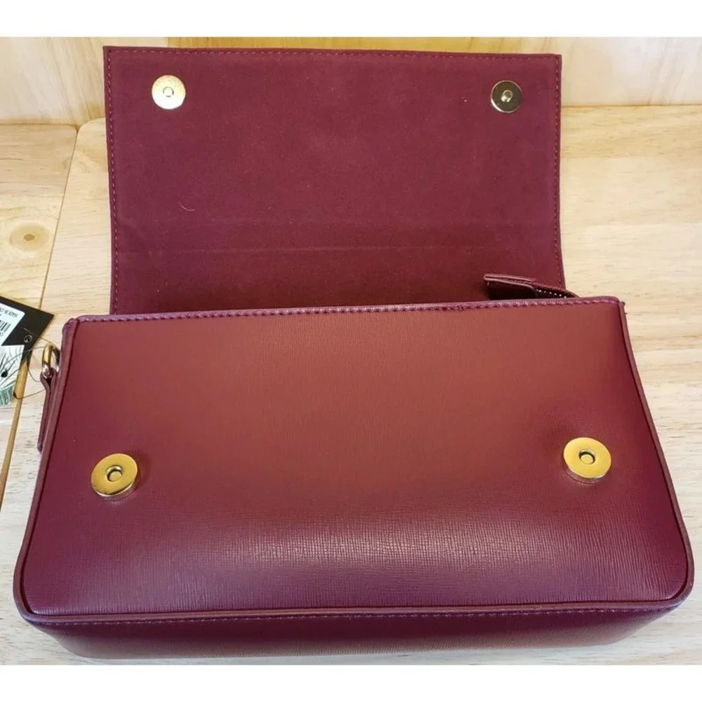 Badgley Mischka Burgundy Saffiano Faux Leather Bow Crossbody Flap Bag Gold Logo